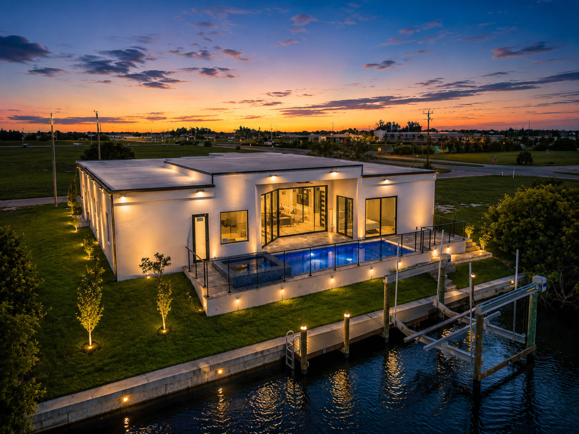 Waterfront home with pool glowing at twilight in Southwest Florida